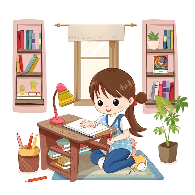 Photo a girl sits at a desk and reads a book