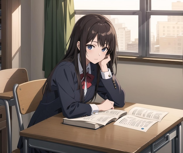 A girl sits at a desk with a book in her hand