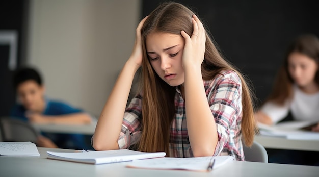 A girl sits at a desk with her head in her hands.