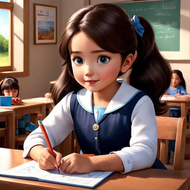 한 소녀가 손에 연필을 들고 책상에 앉아 있다.