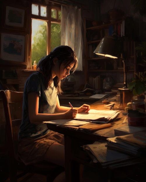 A girl sits at a desk writing in a notebook.