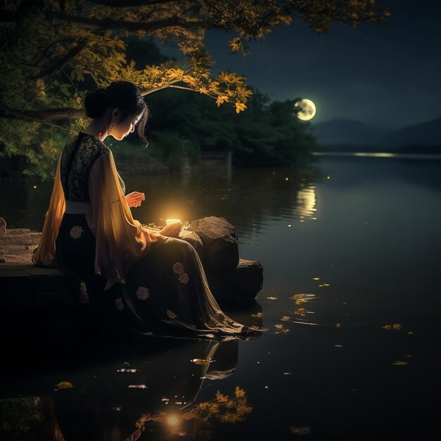 a girl sits on a dock reading a book by a lake at night.