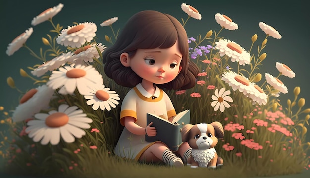 A girl sits in a field of flowers reading a book.