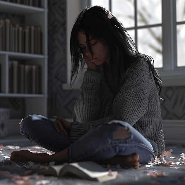 a girl sits on the floor and reads a book