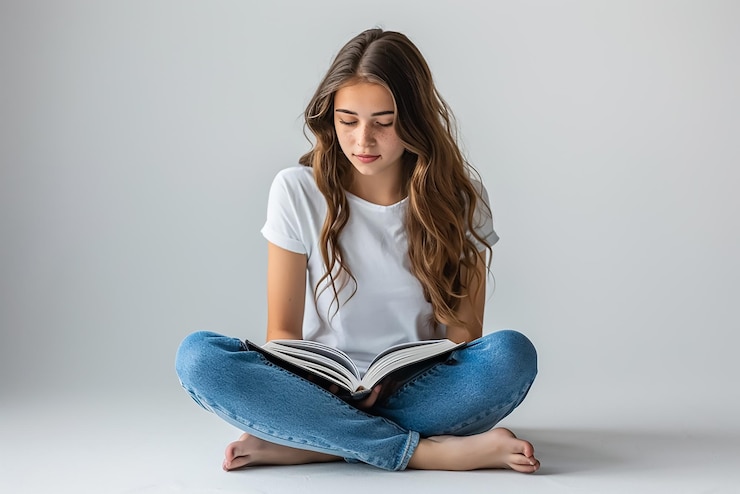 Photo a girl sits on the floor and reads a book