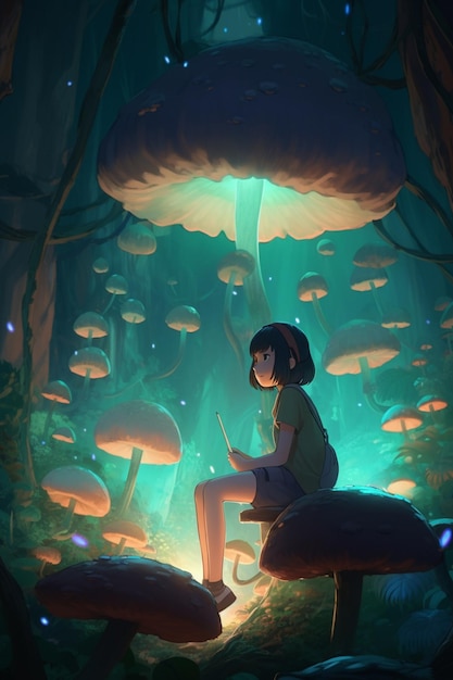 A girl sits in a forest with mushrooms on her lap.