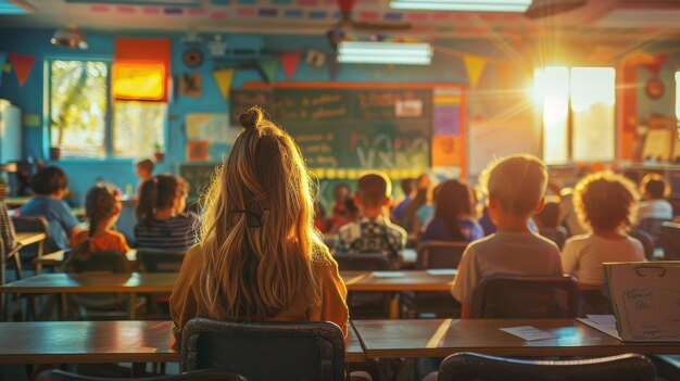 Photo a girl sits in front of a classroom with a sign that says  the word  on it