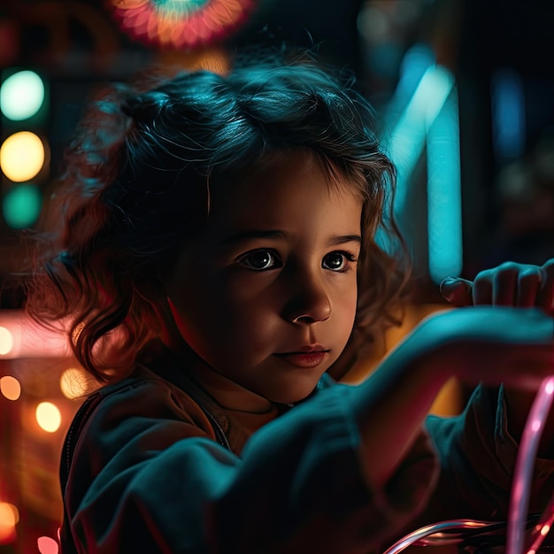 A girl sits in front of a colorful neon light.