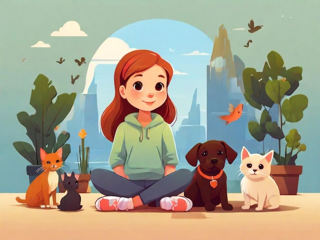 a girl sits in front of a girl with her pet dogs and a cat