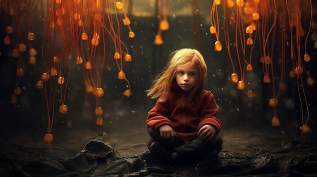 A girl sits in front of a glowing orange flower