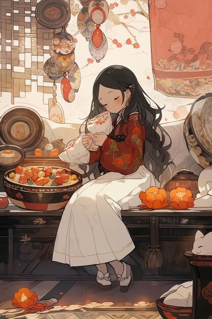 A girl sits in front of a table with a bowl of food and a cat on it.