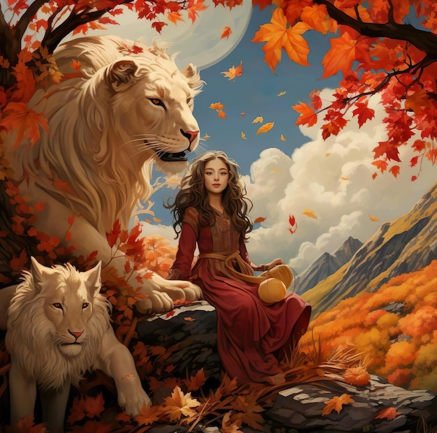 한 소녀 가 가을 시즌 일러스트레이션 그림과 함께 두 사자의 앞에 앉아 있습니다.