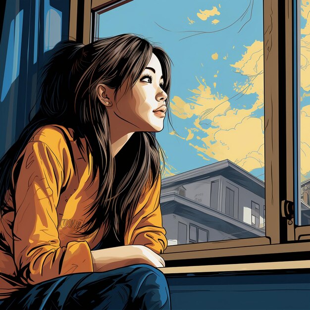 Photo a girl sits in front of a window with a yellow shirt on.