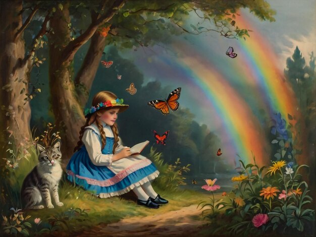 女の子が花園に座って蝶の本を読んでいる