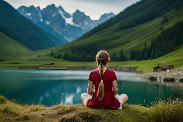 한 소녀가 호수와 산을 배경으로 내려다보는 언덕에 앉아 있습니다.