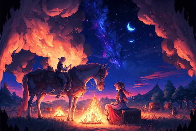 A girl sits on a horse next to a campfire with a fire in the sky.