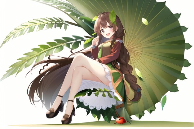 A girl sits on a leaf with a red apple on her shoulder.