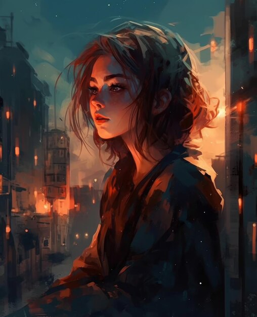 A girl sits on a ledge looking at the city at night