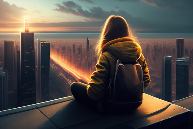 A girl sits on a ledge looking at a cityscape.