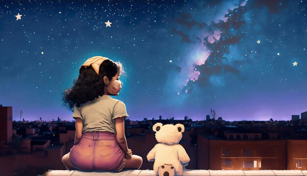 A girl sits on a ledge looking at a starry sky with a teddy bear looking at the stars.