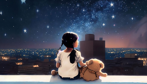 A girl sits on a ledge looking at the stars