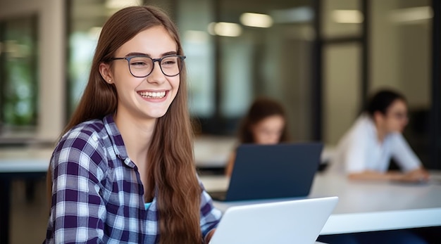 A girl sits in a library with a laptop and smiles.