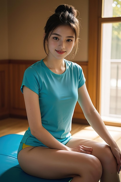 a girl sits on a mat with her legs crossed.