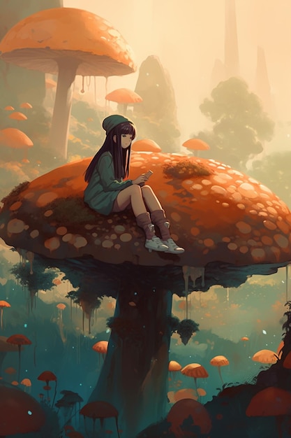 A girl sits on a mushroom in the forest