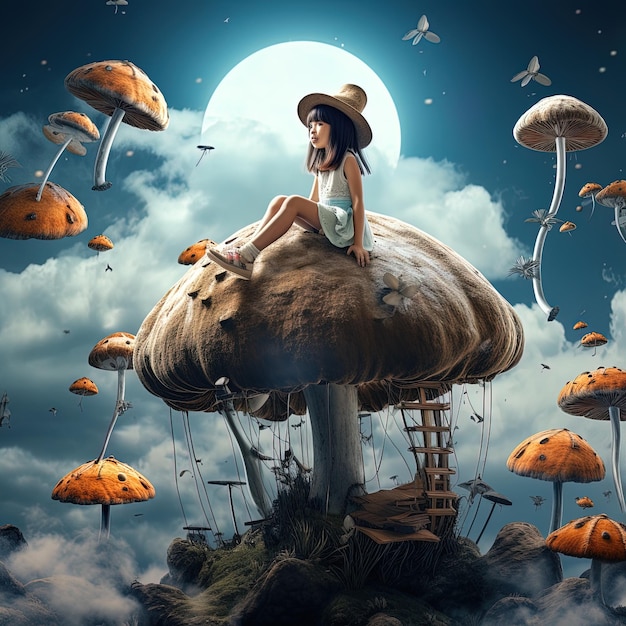 a girl sits on a mushroom with a moon in the background