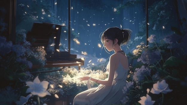 a girl sits on a piano in a snowy forest.