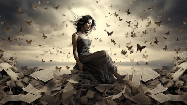 A girl sits on a pile of books and looks at the sky.