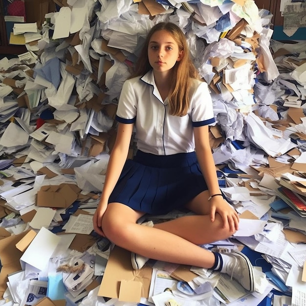 Photo a girl sits on a pile of papers with a stack of papers in front of them.