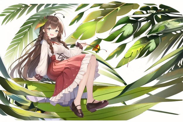 A girl sits on a plant with a butterfly on her skirt