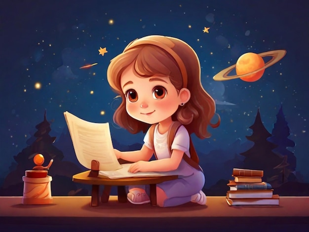 Photo a girl sits on a platform reading a book with a star in the background