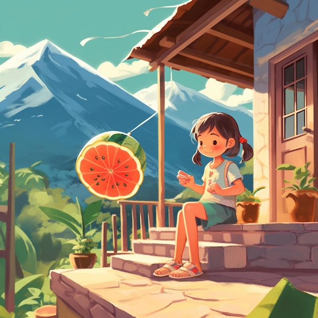 a girl sits on a porch with a watermelon in the background.