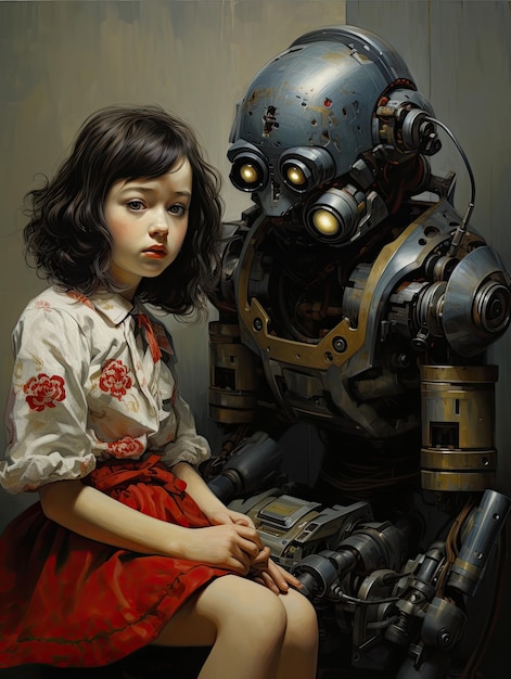 A girl sits next to a robot with a girl in a red dress.