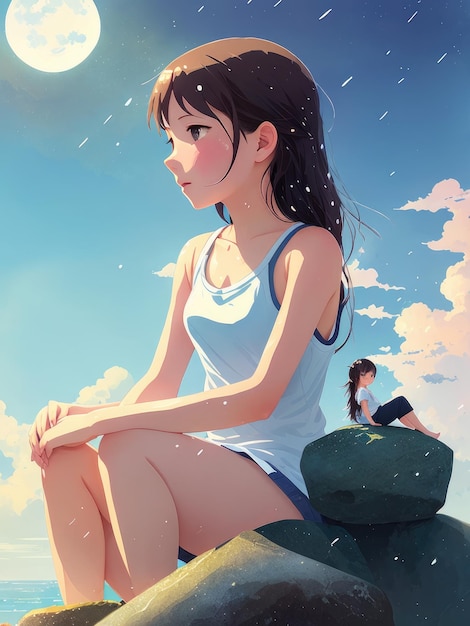 A girl sits on a rock and looks at the sky