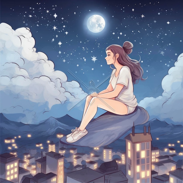 Девушка сидит на камне в ночном небе с луной над ней.