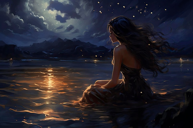 A girl sits on a rock in the water with the moon behind her