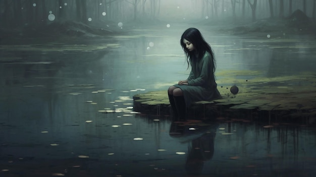 A girl sits on a rock in the water