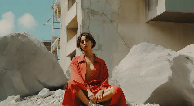 a girl sits on the rocks near a red building in the style of normcore