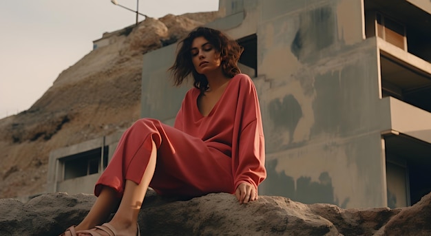 Photo a girl sits on the rocks near a red building in the style of normcore