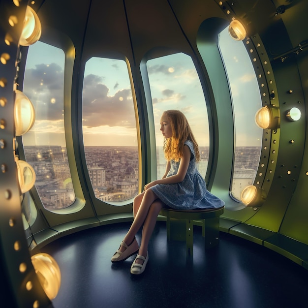 A girl sits in a room with a view of the city of paris.