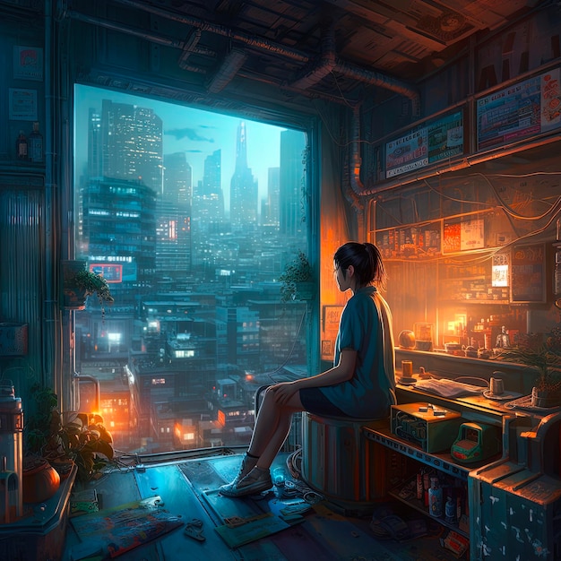 A girl sits in a room with a view of a city.