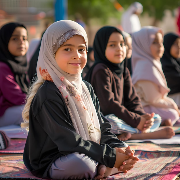 a girl sits on a rug with other girls sitting on the ground