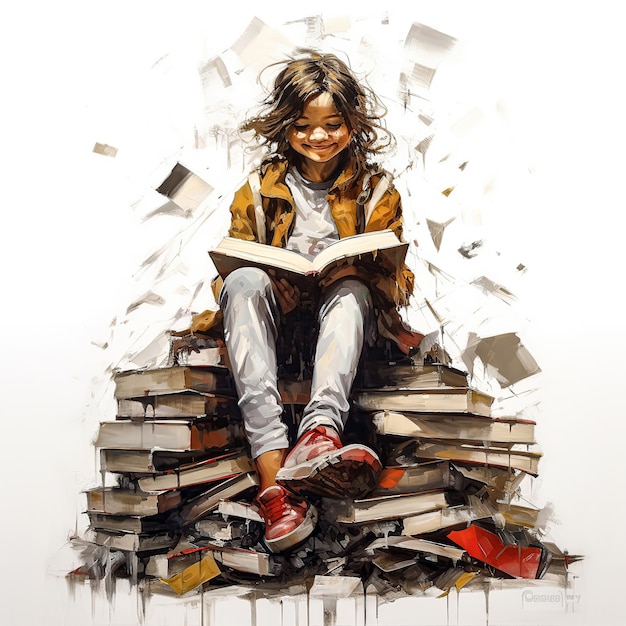 A girl sits on a stack of books reading a book.