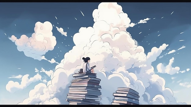 A girl sits on a stack of books with a book on it.