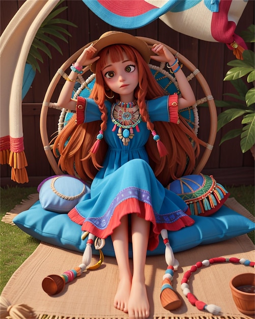 a girl sits on a swing with a hat on her head.