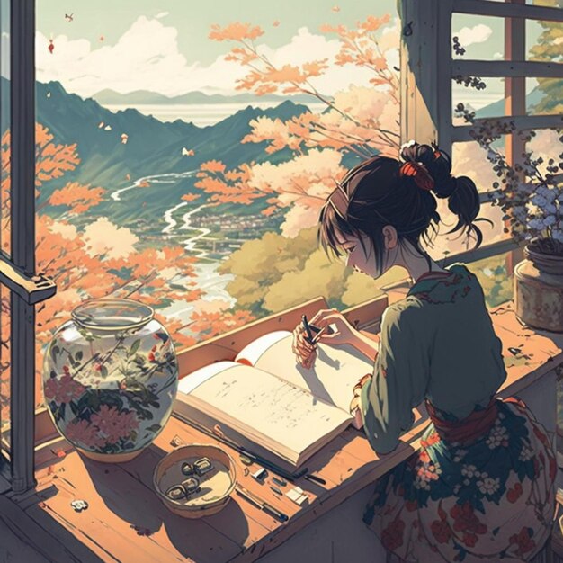 A girl sits at a table in front of a window and reads a book.