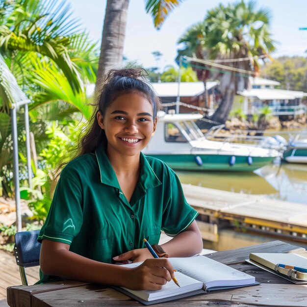 Photo a girl sits at a table with a book and a pen in her hand